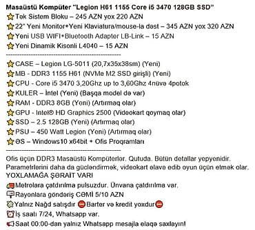 masa üsdü komputer: Masaüstü Kompüter "Legion H61 1155 Core i5 3470 128GB SSD” ⭐Tək Sistem — 3
