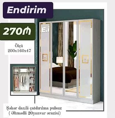 guzgu boydan: Dört qapılı geyim şkafı – güzgülü dizayn - Ölçü: 200 x 160 x 47 sm - — 1