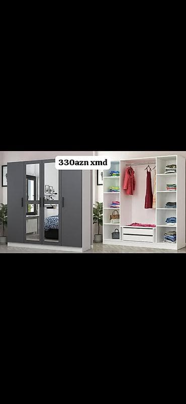 4 qapılı paltar dolabı - Rəng: ön qapılar tünd boz, gövdə ağ - Ön