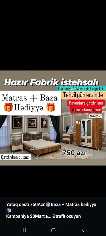 islenmis matras: *Yataq dəsti 750Azn🎁Baza + Matras hədiyyə🎁* *Kampaniya 20Mart'a kimi — 1
