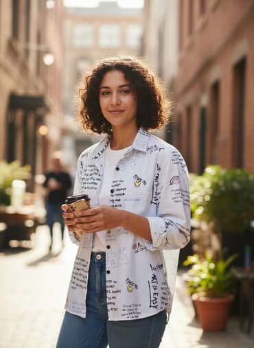 Qadın köynəyi – naxışlı yazılar və zolaqlı dizayn - Rəng: açıq