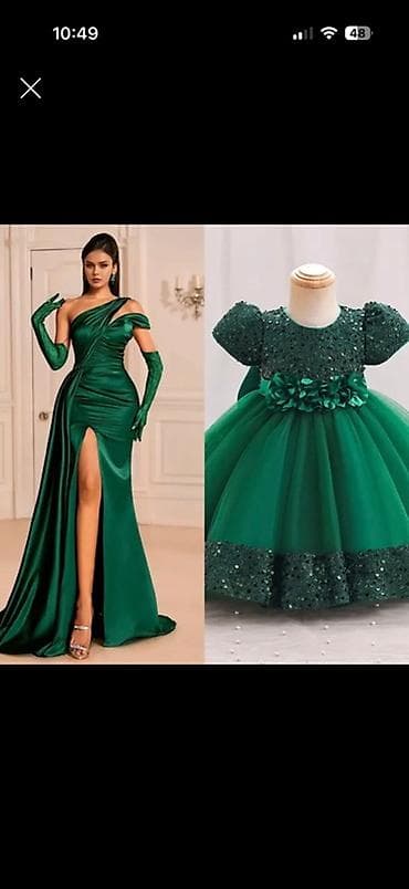 Zümrüd-yaşıl ana-qız dəsti - Dəst: 2 paltar – böyüklər üçün ziyafət