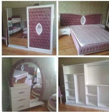 гарнитур для спальни: Двуспальная кровать, Трюмо, 2 тумбы, Шкаф, Б/у — 1