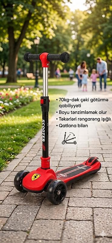 elektrikli scooter tekeri: Uşaq skuterı – 3 təkərli, LED işıqlı, qatlanan model - 70 kq‑a qədər — 3