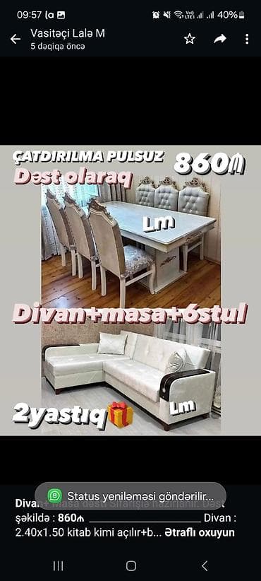 stullar ev ucun: *Divan+ Masa dəsti* Sifarişlə hazırlanır. Dəst şəkildə : *860₼* — 1