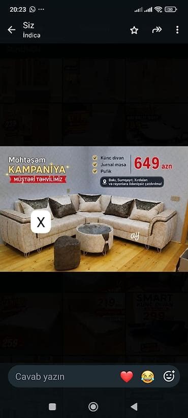 puflar: Möhtəşəm kampaniya dəsti: - Künc divan - Jurnal masa - Pufik Yumuşaq — 1