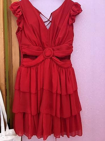 Qırmızı şifon qısa don - Model: A-kəsim, qısa uzunluq, çoxqatlı ətək — 1