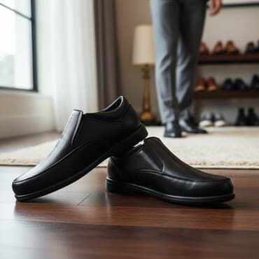 kişi üçün kətan mokasinlər: Kişi üçün qara rəngli klassik ayaqqabı - Model: slip-on (bağsız), yan — 1