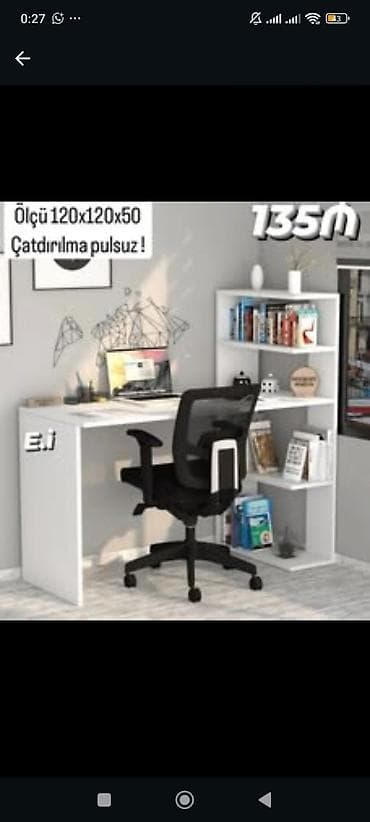 divar kitab refleri: Ofis/iş masası və rəfli künc iş stolu - Ölçü: 120x120x50 sm - Sadə və — 1