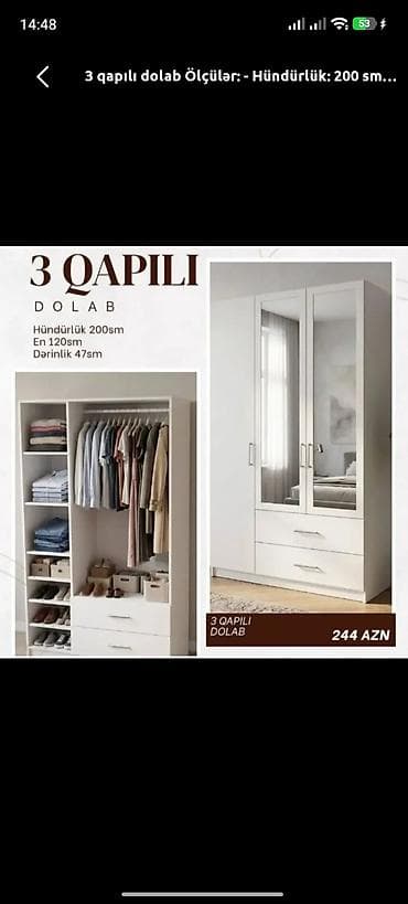 taxt divan: 3 qapılı paltar dolabı Ölçülər: - Hündürlük: 200 sm - En: 120 sm - — 1