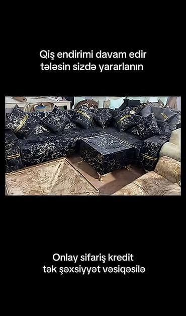 divan kreslo qiymetleri: Modern künc divan dəsti - Dizayn: Qara üzərində qızılı mərmər naxışlı — 1