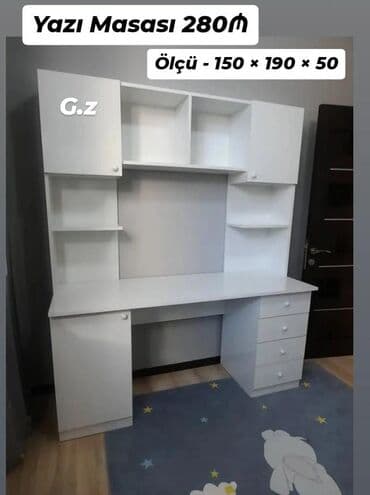 masa transformatoru: Yazı masası – 280₼ Ölçü: 150 × 190 × 50 sm Ağ rəngli funksional — 1