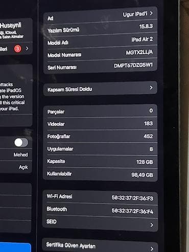 planşet başlığı: Apple iPad Air 2 – 128 GB, Wi‑Fi Xüsusiyyətlər: - Model adı: iPad Air — 4