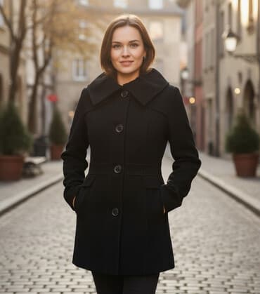 uzun qadın ətəkləri: Qadın üçün qara palto - Dizayn: Dizə qədər uzunluq, bədənə oturan — 1