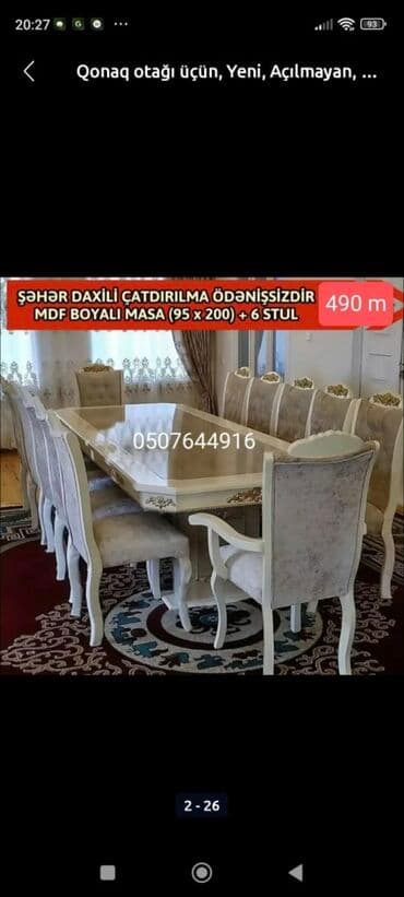 ders masaları: Qonaq otağı üçün, Yeni, Açılmayan, Dördbucaq masa, 6 stul — 6