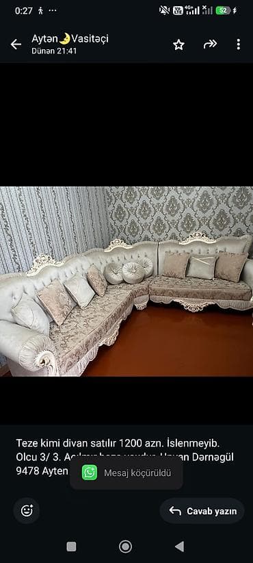 Teze kimi divan satılır 1200 azn. İslenmeyib. Olcu 3/ 3. Açılmır baza — 1
