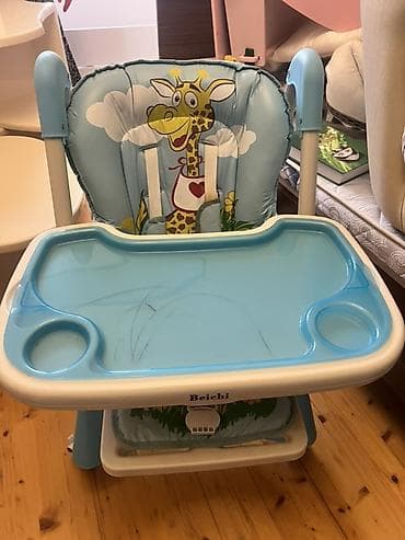 tap.az oyuncaqlar: Beichi uşaq yemək stulu - Rəng: açıq mavi-ağ - Sevimli zürafə naxışlı — 3