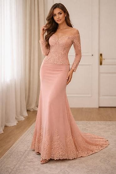 Zərif pudra-çəhrayı rəngdə uzun ziyafət/libas. - Model: of-shoulder