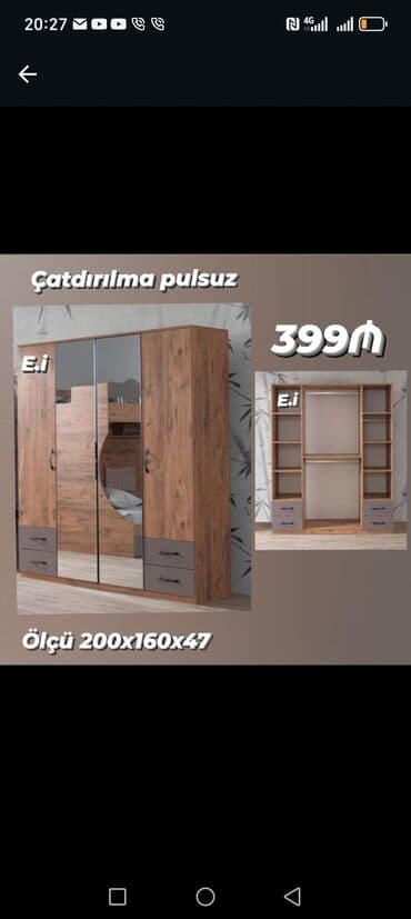 ikinci əl şkaf: Yeni, 4 qapılı Düz dolab, Dolab-asılqan — 7