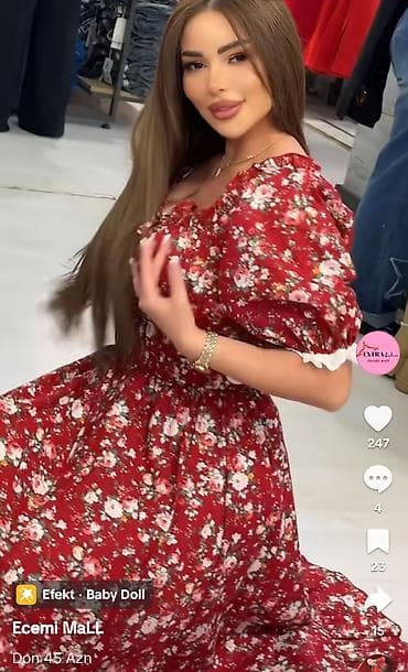 cicekli don: Qırmızı rəngdə, xırda çiçək naxışlı, “baby doll” effekti ilə maxi don — 2