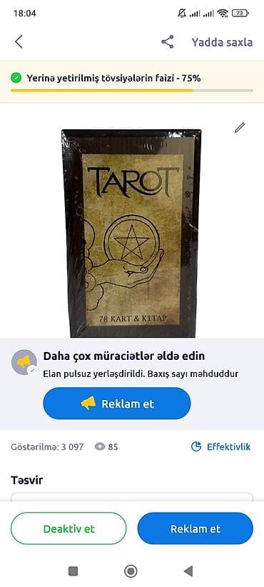 kitab tarix: Tarot dəsti – 78 kart və kitab Məzmun: - Klassik 78 ədəd Tarot kartı — 1