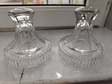 Digər ev dekoru: Şüşə şamdanlar dəsti (2 ədəd) - Material: qalın, şəffaf kəsimli şüşə — 1