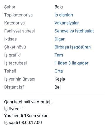 Vakansiya: Usta köməkçisi Şəhər: Bakı (Keşlə) Kateqoriya: İş elanları — 2