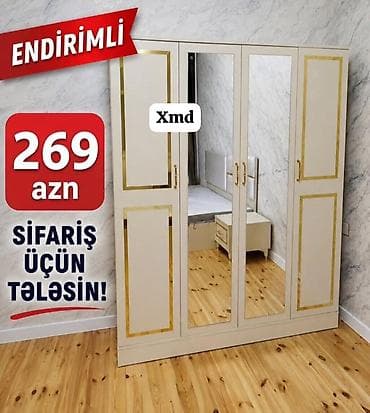 Endirimli 3 qapılı paltar dolabı - Klassik krem rəngli korpus, qızılı