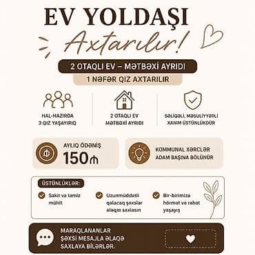 kiraye ev 1 otag: Ev yoldaşı axtarılır! 2 otaqlı mənzilə 1 nəfər qız tələb olunur — 1