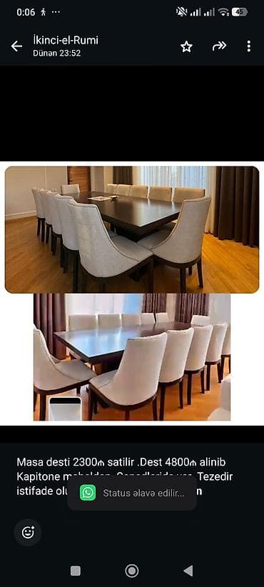 stol ustul: Masa desti 2300₼ satilir .Dest 4800₼ alinib Kapitone mebelden — 1