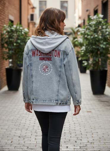 cins gödəkçə: Unisex cins gödəkçə – kapüşonlu, “Washington Homepage” temalı - — 1