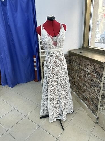 Ağ rəngli zərif krujeva ziyafət/gelinlik paltarı - Model: nazik