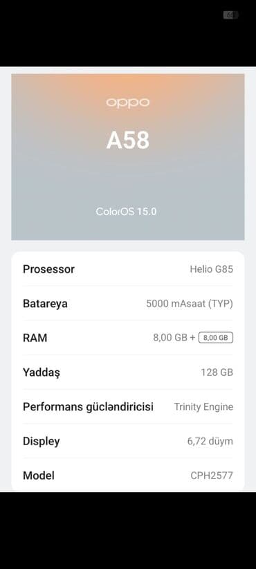 samsung a8 2018 qiyməti: Oppo A58 4G, 128 GB, rəng - Qara, Sensor — 3