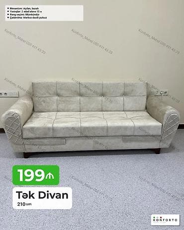 Диваны: Tək Divan – 210 sm - Mexanizm: açılan, bazalı (yataq funksiyalı və — 1