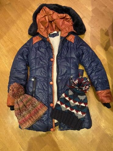 комплект: Uşaq üçün qış dəsti - Göy rəngli, kapüşonlu isti qış gödəkçəsi - — 2