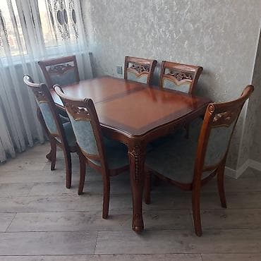 taxta stular: Qonaq otağı üçün, İşlənmiş, Açılan, Kvadrat masa, 6 stul — 1