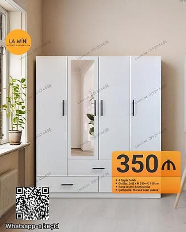 4 qapılı, Güzgülü, Ağ, Açılan, Düz dolab