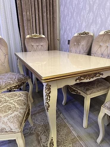 parda tul: Klassik üslubda yemək otağı dəsti - Dəst: düzbucaqlı masa + 6 ədəd — 1