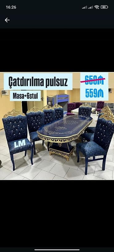 merbex masa: Qonaq otağı üçün, Yeni, Açılmayan, Oval masa, 6 stul — 1