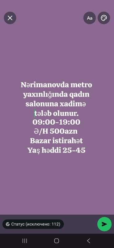 xadimə isi: Nərimanov metrosuna yaxın yerləşən qadın salonuna xadimə tələb olunur — 1