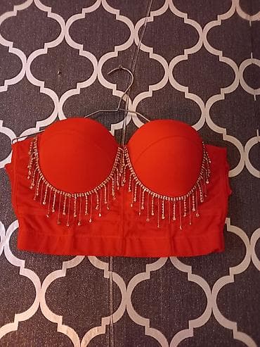 alt pal: Qırmızı rəngli büstqalter-top (strapless) - Korse tipli, yüksək belə — 2