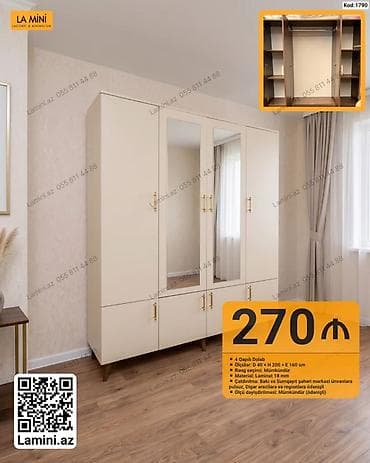 bal: 4 qapılı paltar dolabı – kod: 1790 - Ölçülər: D 40 × H 200 × E 160 sm — 1