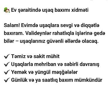 Ev şəraitində uşaq baxımı xidməti Salam! Evimdə uşaqlara sevgi və
