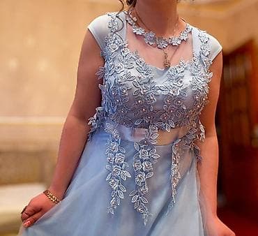 uzun yupqa: Göy rəngdə, zərif ziyafət/libas - Model: Uzun, A-kəsim, tül qatlı — 2