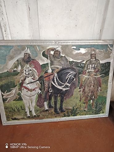 sekiller cekmek ucun: Əl işi relyef tablo – “Üç döyüşçü at üstündə” mövzulu - Material — 1