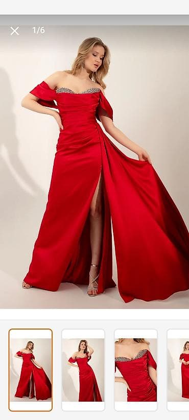 Məhsul: Qırmızı axşam geyimi – daşlı dekolte, off-shoulder və dərin