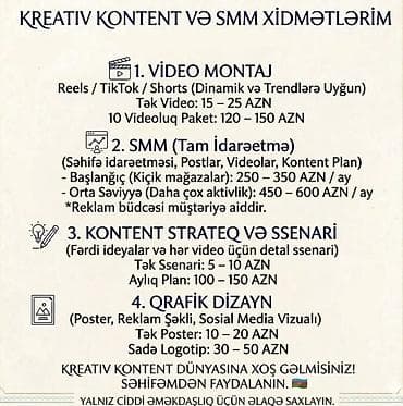 Kreativ Kontent və SMM xidmətləri ●Aşağı, Orta və Yüksək büdcəli