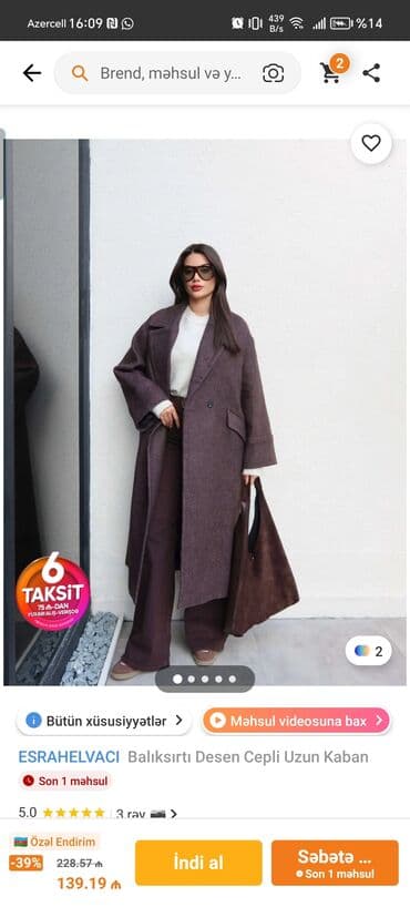 palto fason: ESRAHELVACI markası – Balıksırtı naxışlı, cibləri olan uzun kaban. - — 2