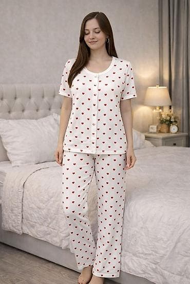 Gecəliklər: Qadın pijama dəsti – qısa qollu, düyməli üst və uzun şalvar - Dizayn — 4