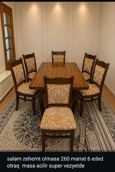 parca stul: Qonaq otağı üçün, İşlənmiş, Açılan, Dördbucaq masa, 6 stul — 1